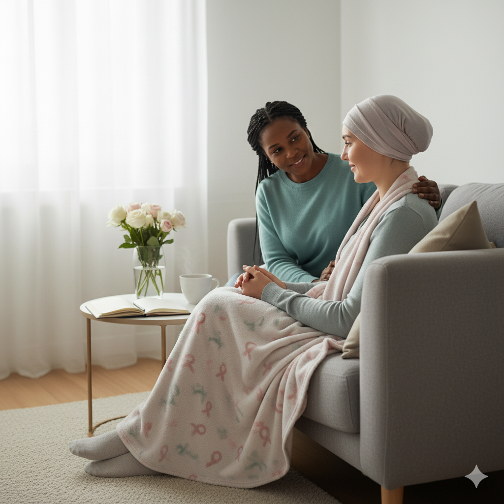 Mulher usando lenço rosa recebe abraço carinhoso de uma amiga, simbolizando apoio emocional durante o tratamento contra o câncer de mama.