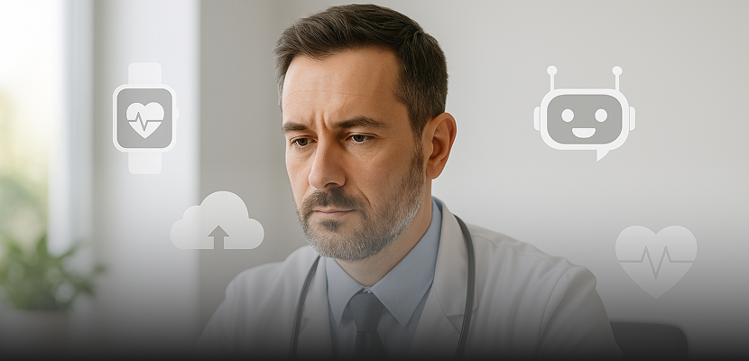 Médico em consultório moderno usando jaleco branco e olhando para o computador, com ícones flutuantes representando tecnologia na saúde, como nuvem, smartwatch e chatbot.