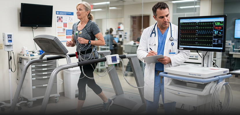 Esteira para teste de esforço em ambiente clínico de cardiologia